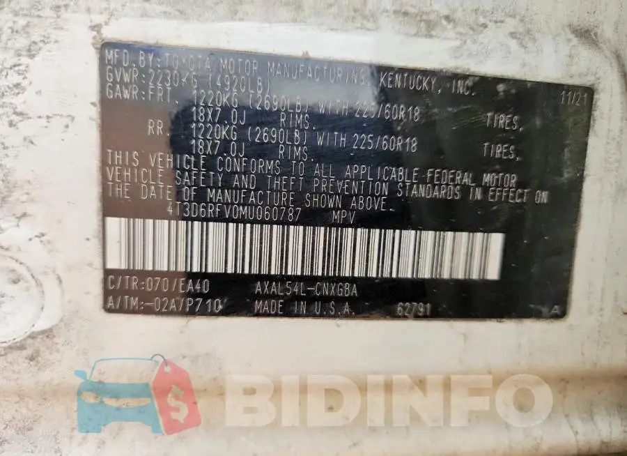 4T3D6RFV0MU060787 Photo# 12