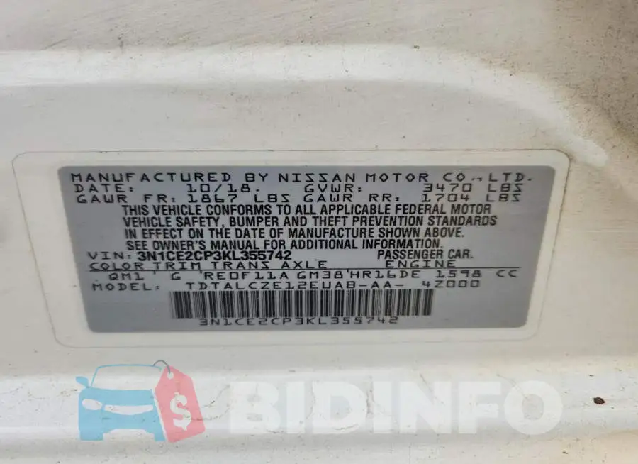 3N1CE2CP3KL355742 Photo# 12