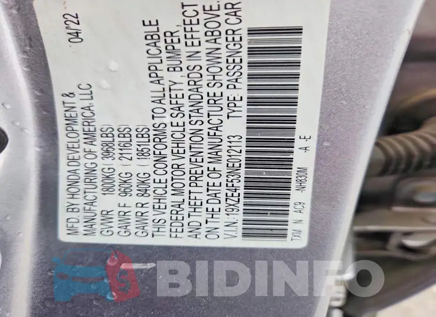 19XZE4F53NE012113 Photo# 12