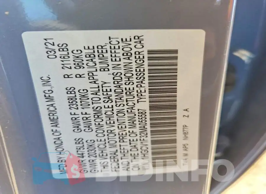 1HGCV1F32MA055587 Photo# 13