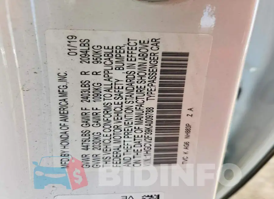 1HGCV2F39KA009788 Photo# 12