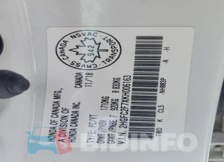 2HGFC2F7XKH006163 Photo# 12
