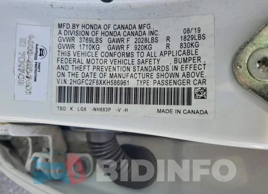 2HGFC2F8XKH586961 Photo# 12