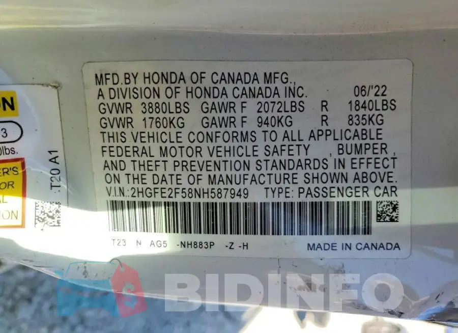 2HGFE2F58NH587949 Photo# 13
