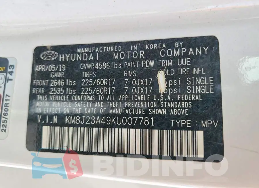 KM8J23A49KU007781 Photo# 13