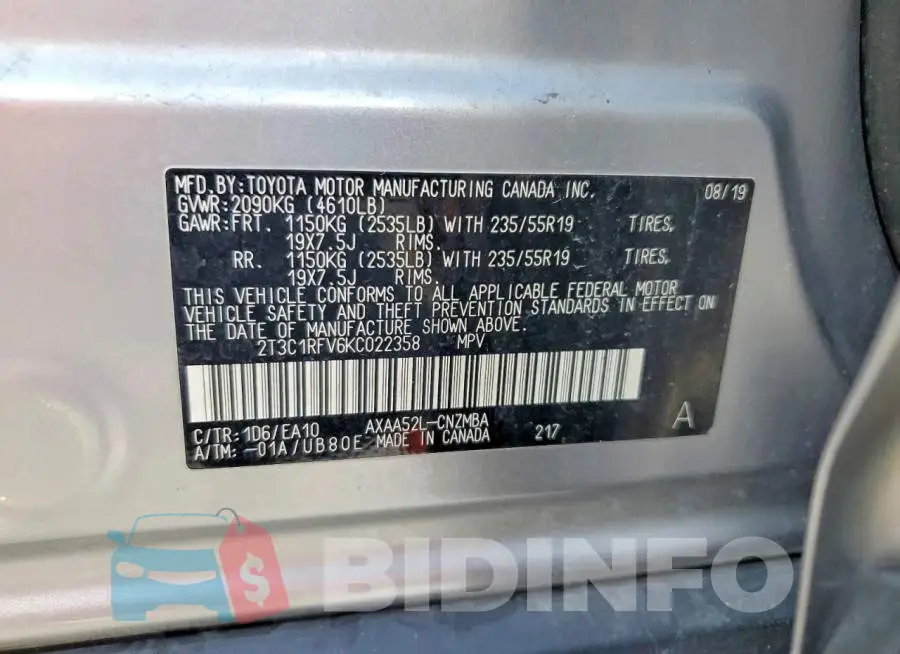 2T3C1RFV6KC022358 Photo# 13