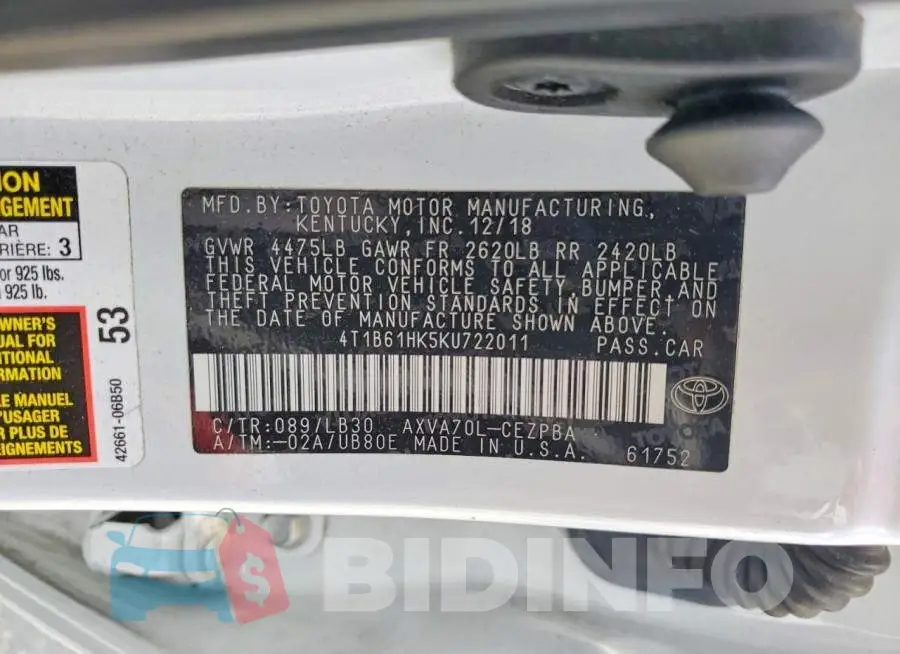 4T1B61HK5KU722011 Photo# 12