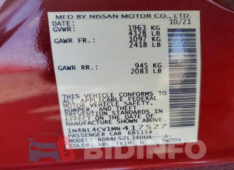 1N4BL4CV1MN417527 Photo# 14