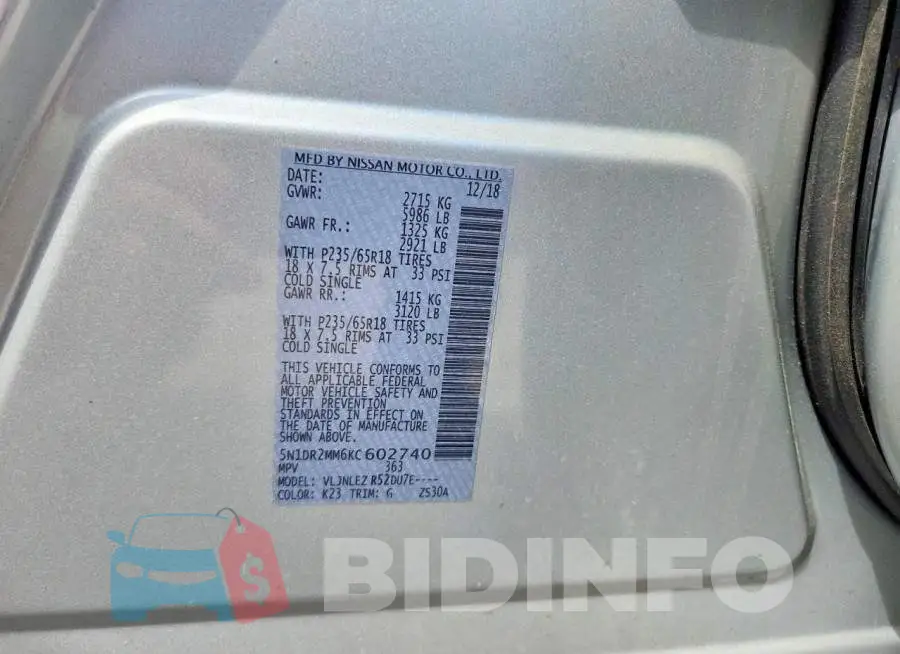 5N1DR2MM6KC602740 Photo# 13