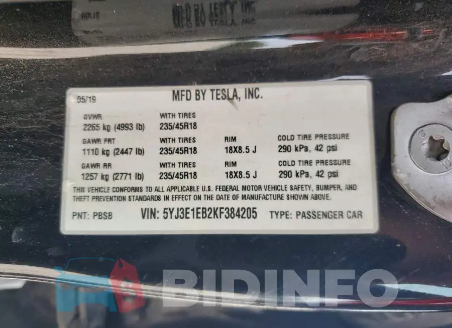 5YJ3E1EB2KF384205 Photo# 12