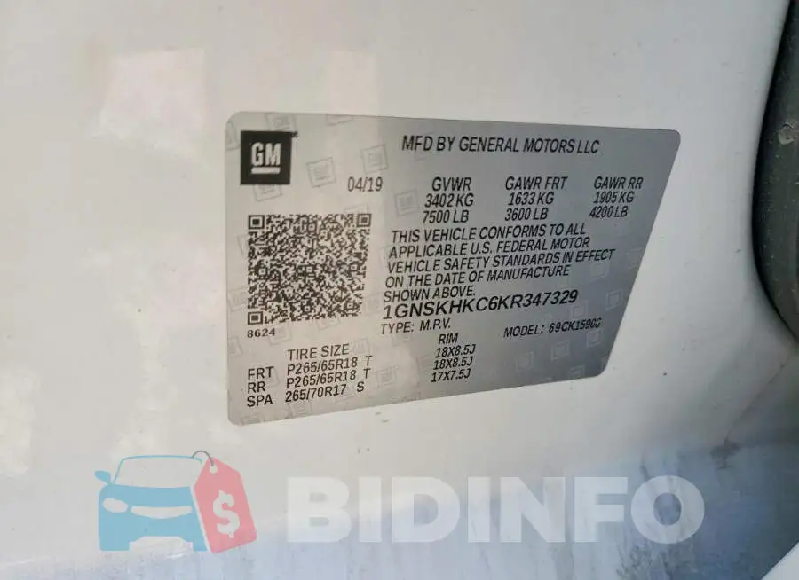 1GNSKHKC6KR347329 Photo# 13