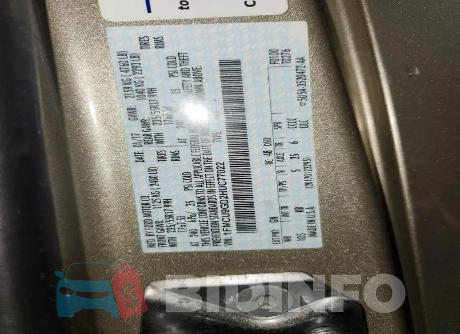 1FMCU9GD2HUC77022 Photo# 14
