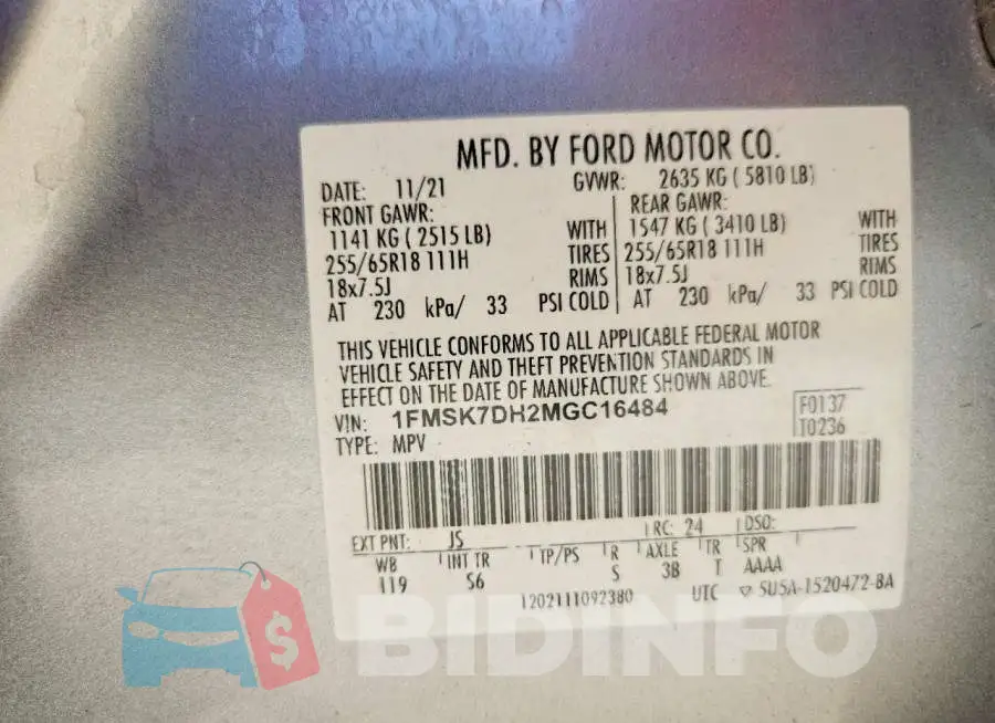 1FMSK7DH2MGC16484 Photo# 14