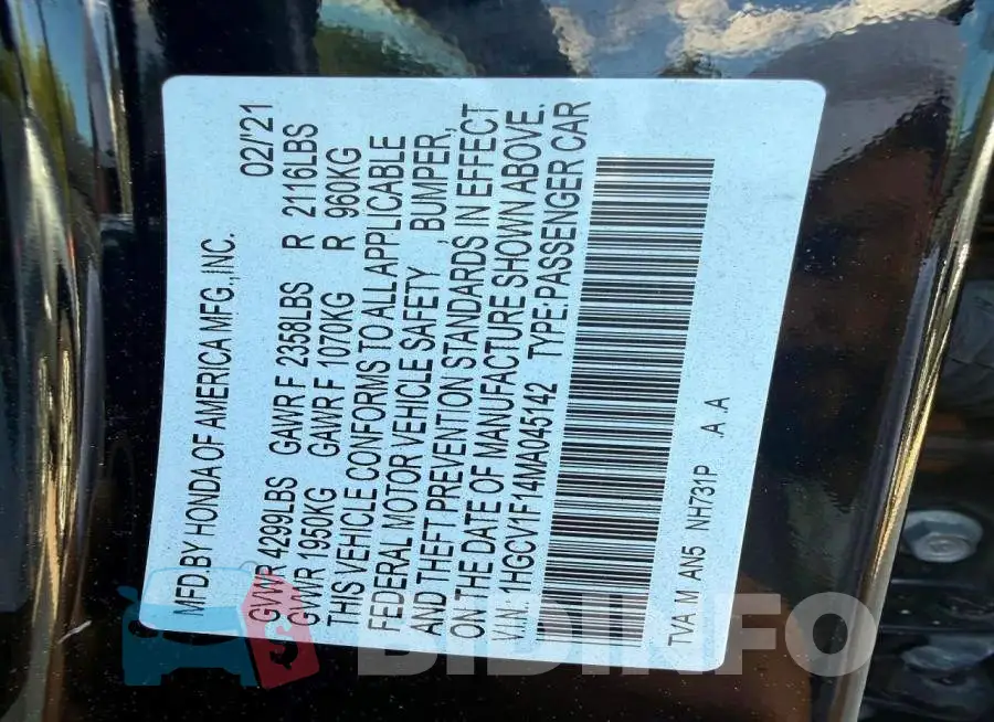 1HGCV1F14MA045142 Photo# 9