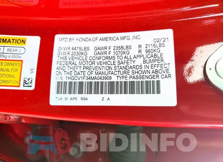 1HGCV1F34MA043909 Photo# 12