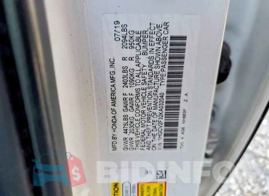 1HGCV2F32KA032040 Photo# 13