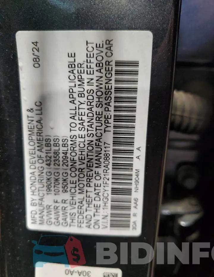 1HGCY1F21RA088117 Photo# 12