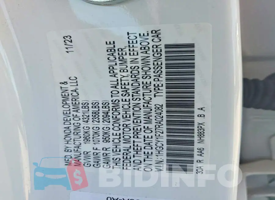 1HGCY1F27RA024082 Photo# 13