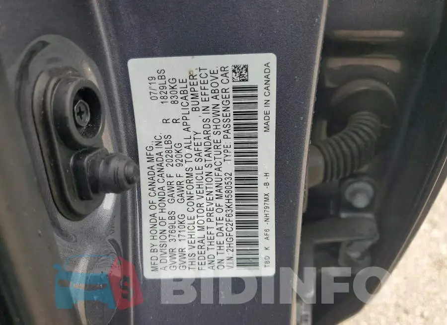 2HGFC2F63KH580532 Photo# 12