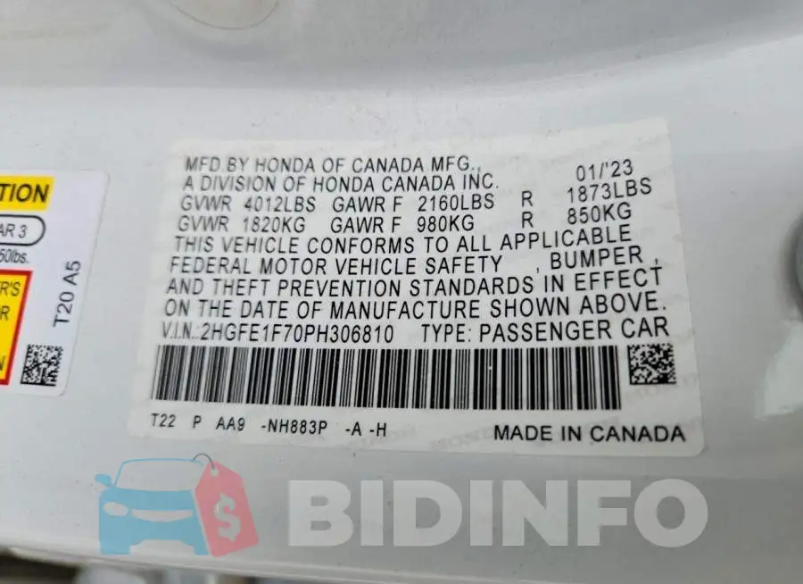 2HGFE1F70PH306810 Photo# 12