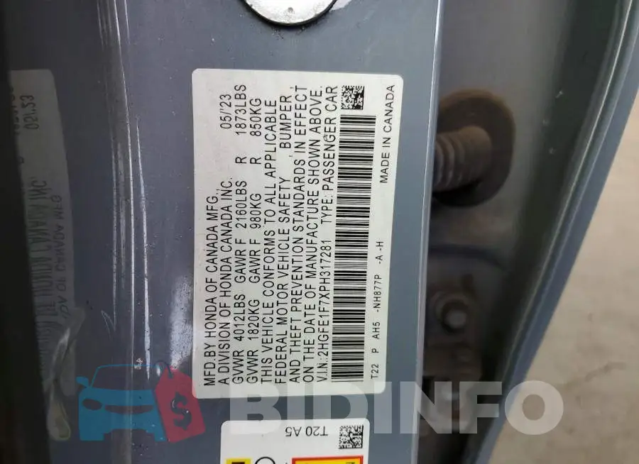 2HGFE1F7XPH317281 Photo# 12