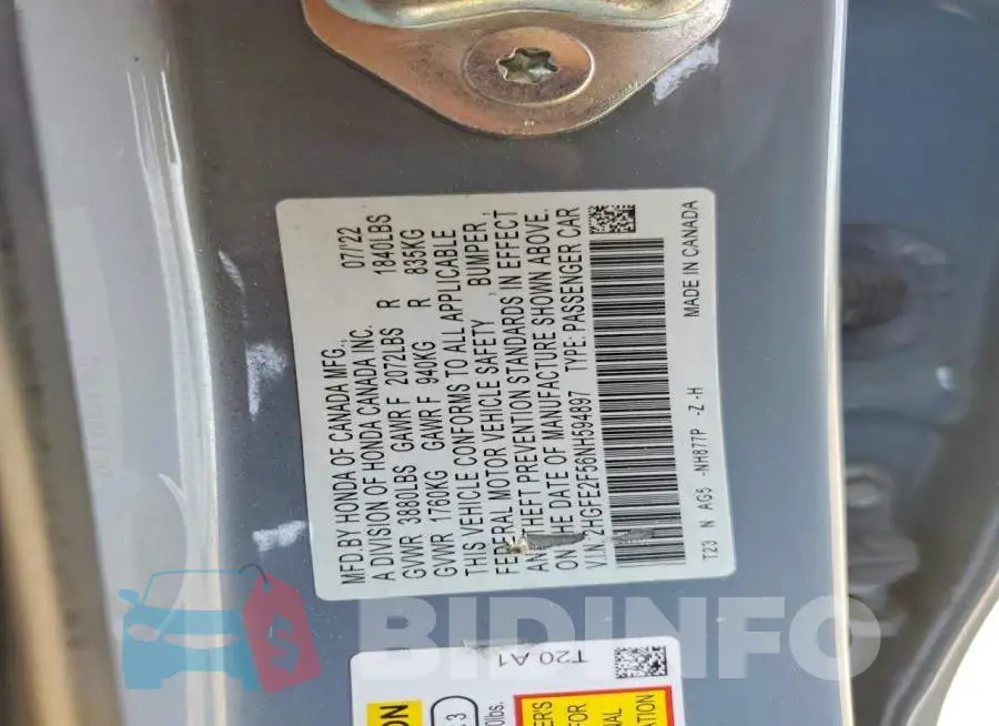 2HGFE2F56NH594897 Photo# 12
