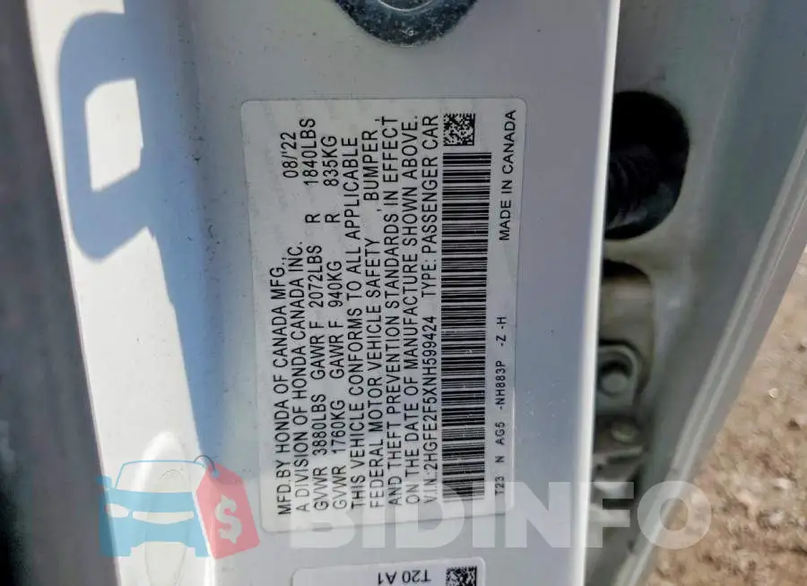 2HGFE2F5XNH599424 Photo# 12