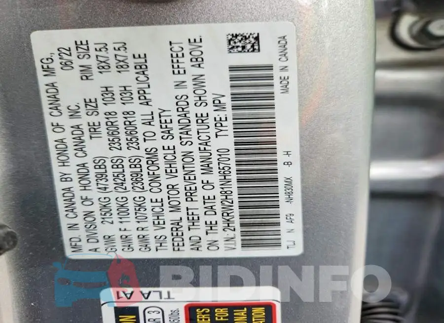 2HKRW2H81NH657010 Photo# 13