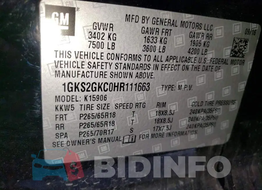 1GKS2GKC0HR111663 Photo# 13