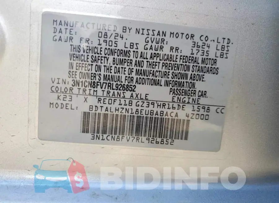 3N1CN8FV7RL926852 Photo# 12