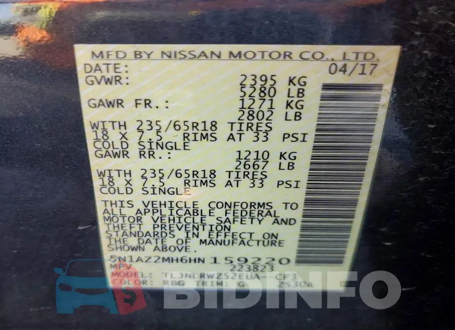 5N1AZ2MH6HN159220 Photo# 14