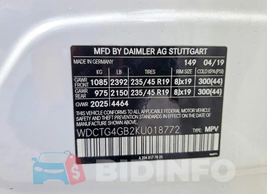 WDCTG4GB2KU018772 Photo# 12
