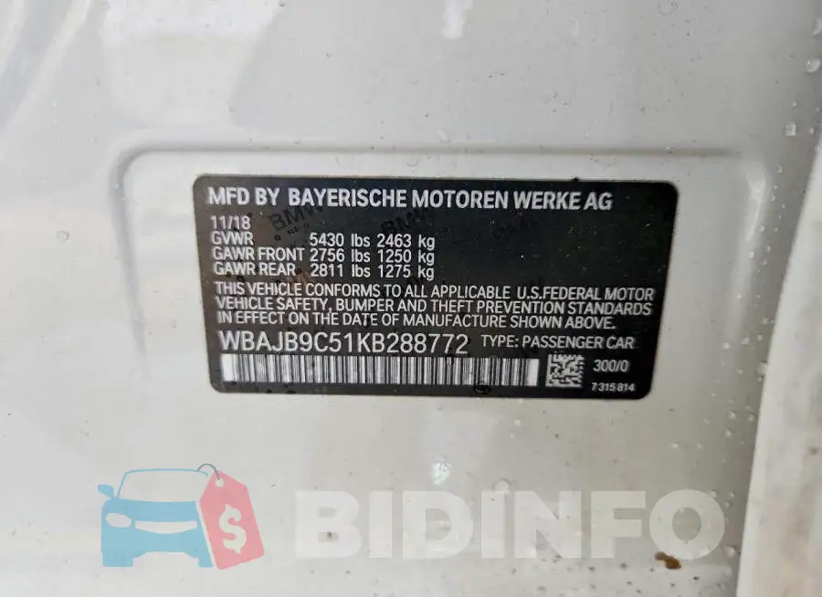 WBAJB9C51KB288772 Photo# 13