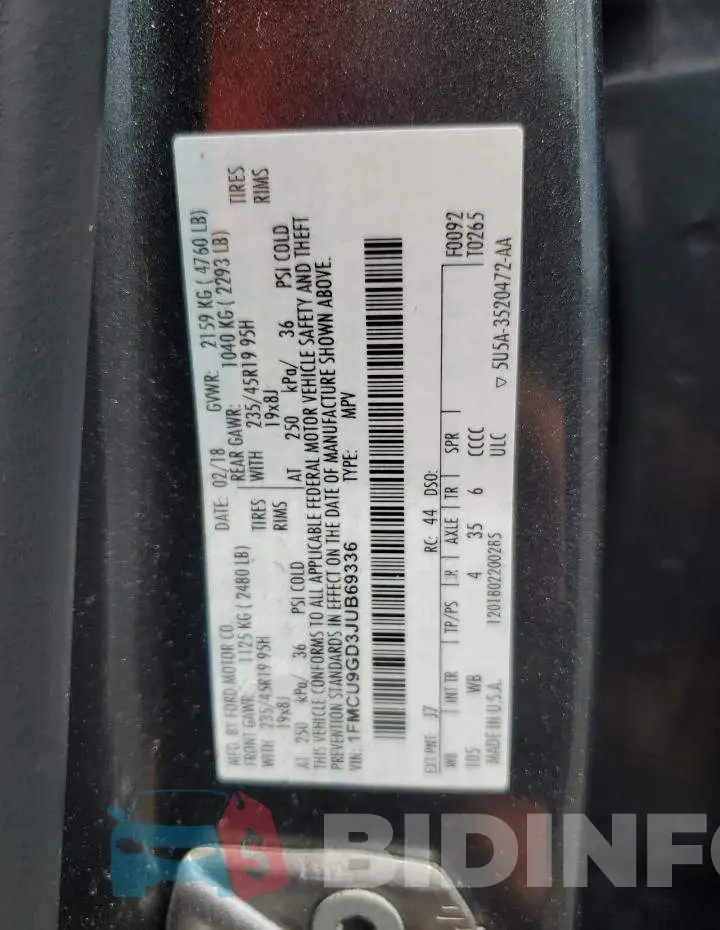 1FMCU9GD3JUB69336 Photo# 13