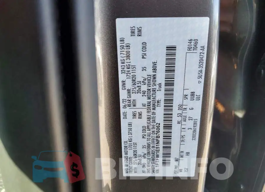 1FTFW1E51NFB76062 Photo# 12