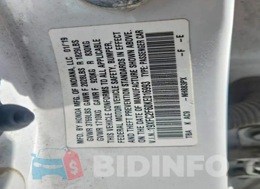 19XFC2F60KE016993 Photo# 12
