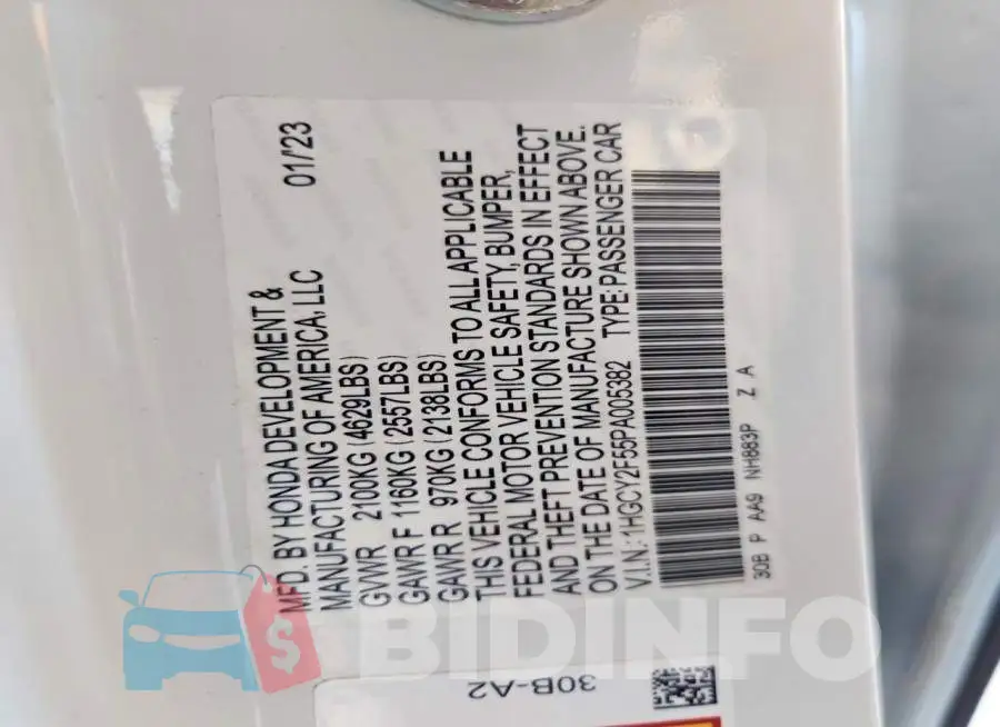 1HGCY2F55PA005382 Photo# 13