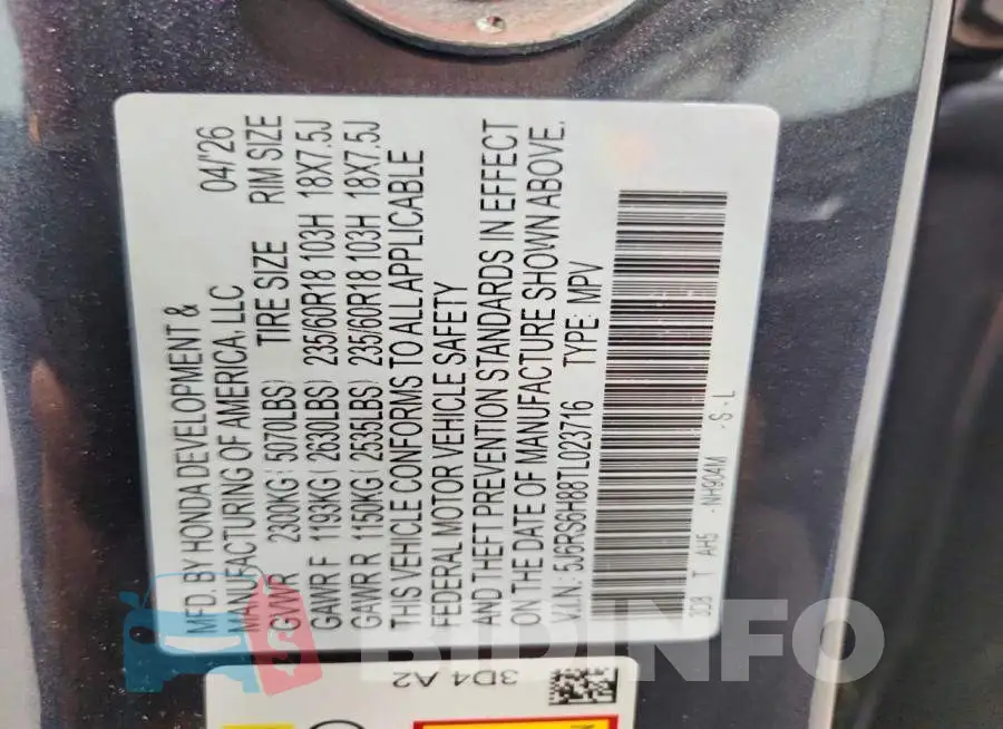 5J6RS6H88TL023716 Photo# 12