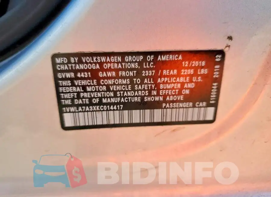 1VWLA7A3XKC014417 Photo# 12