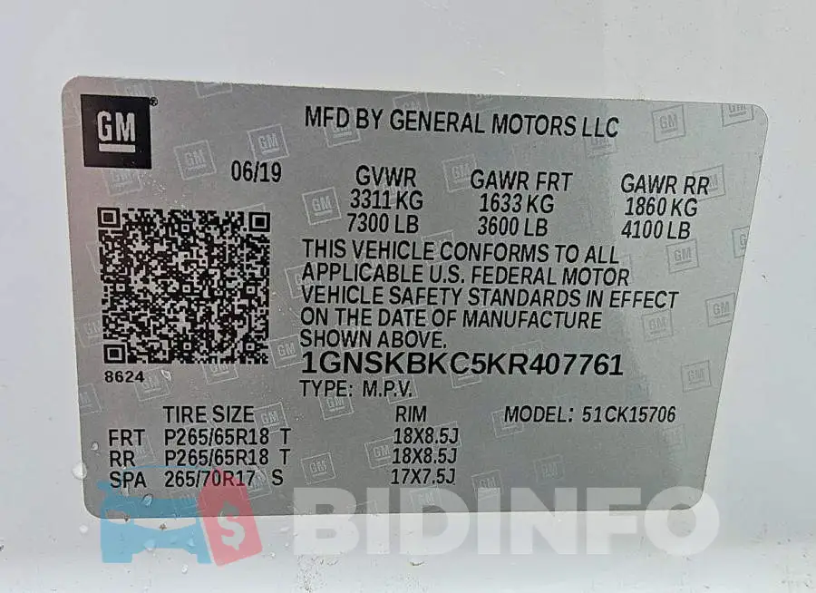 1GNSKBKC5KR407761 Photo# 13