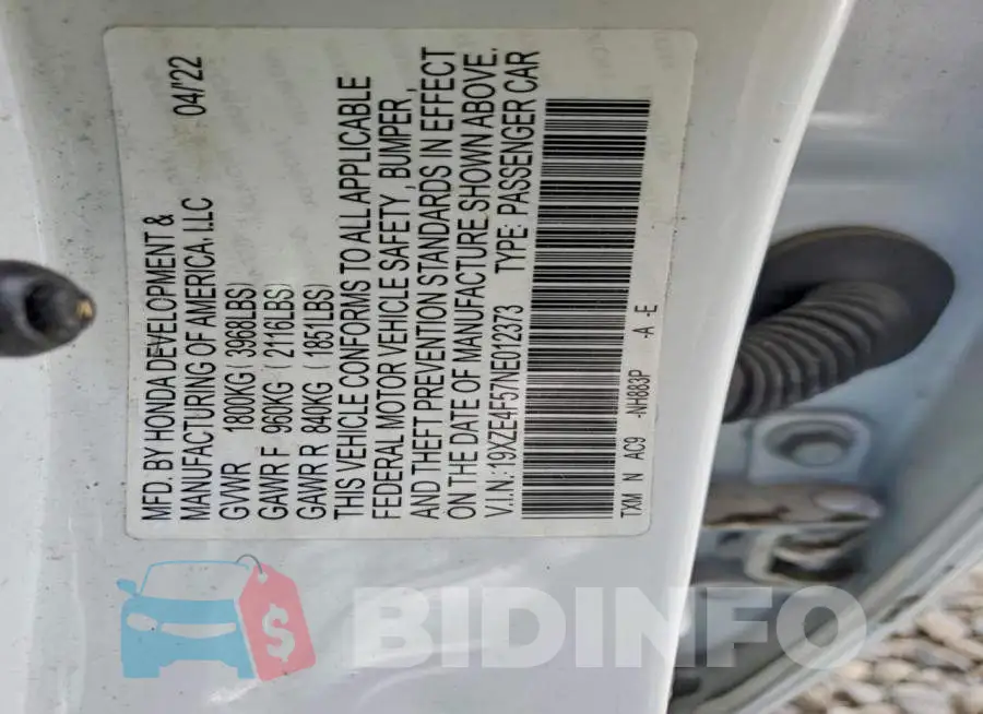 19XZE4F57NE012373 Photo# 13