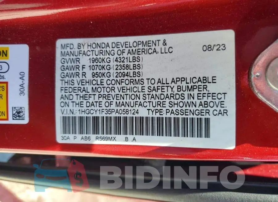 1HGCY1F35PA058124 Photo# 12