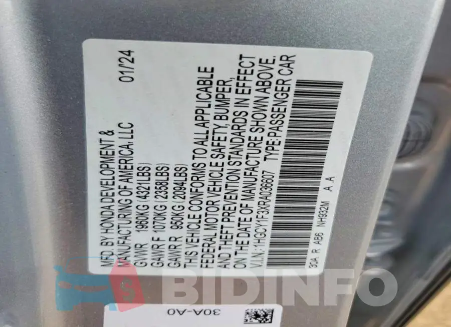 1HGCY1F3XRA036607 Photo# 13