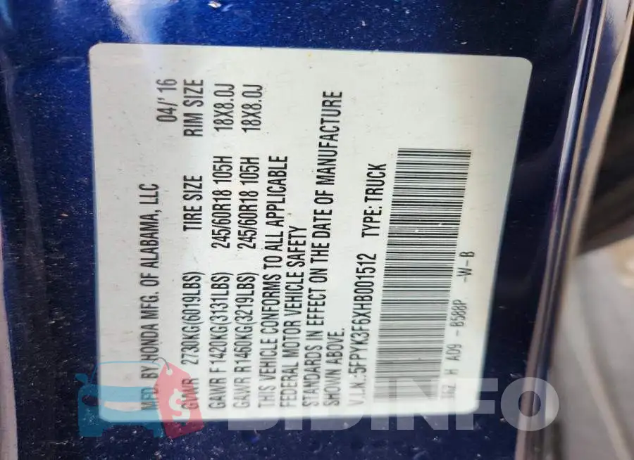 5FPYK3F6XHB001512 Photo# 12