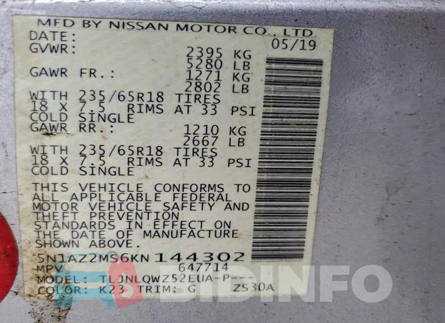 5N1AZ2MS6KN144302 Photo# 13