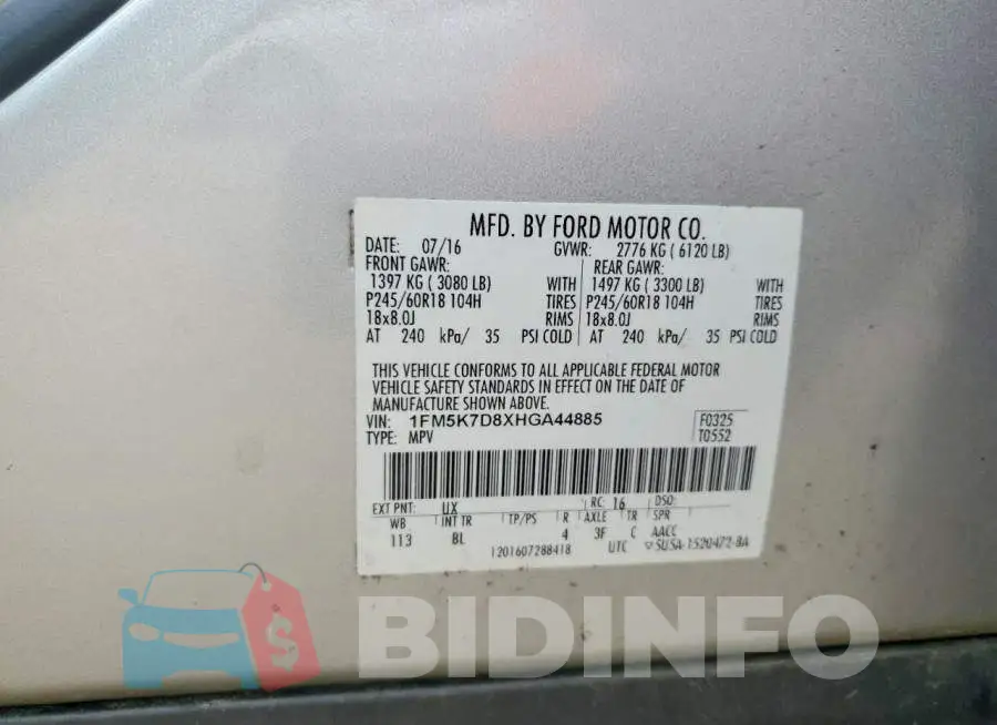 1FM5K7D8XHGA44885 Photo# 13