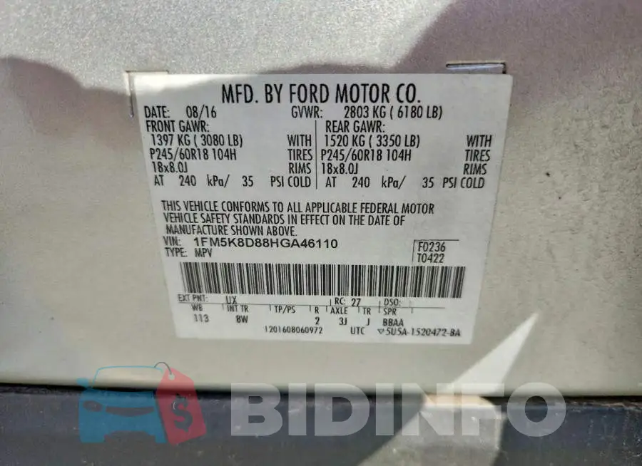 1FM5K8D88HGA46110 Photo# 12