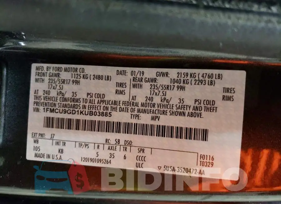 1FMCU9GD1KUB03885 Photo# 14
