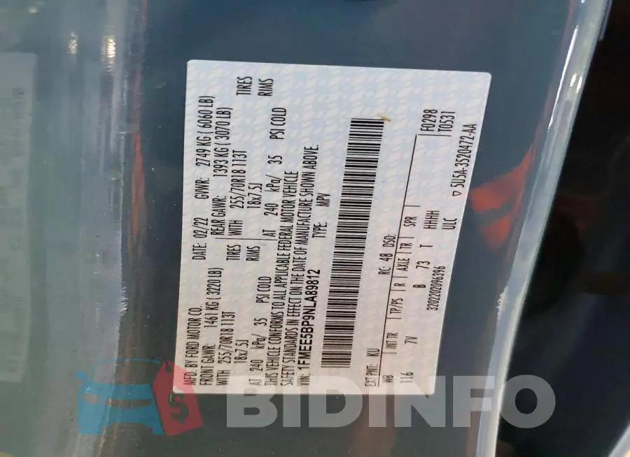 1FMEE5BP9NLA89812 Photo# 14