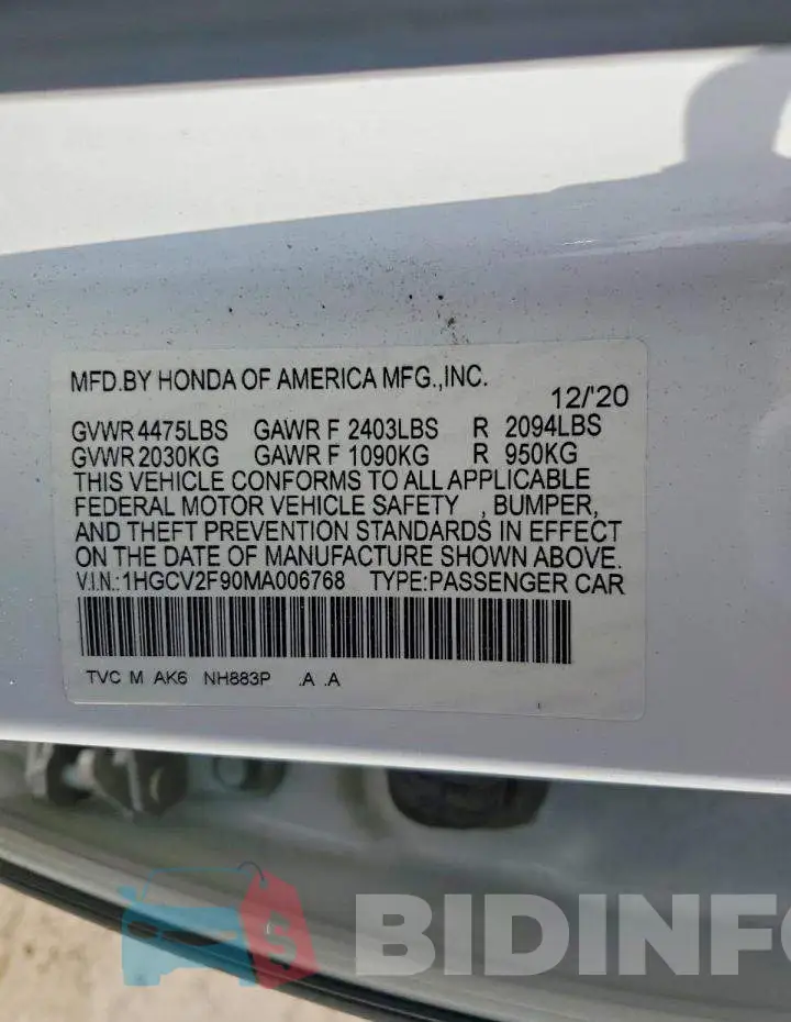 1HGCV2F90MA006768 Photo# 12